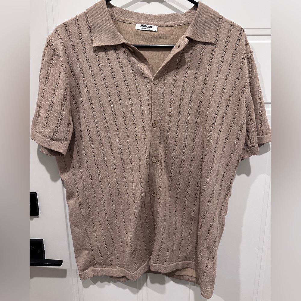 Coofandy Men's Knit Tan Short Sleeve Button-Down Polo